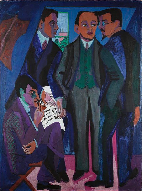 A Group of Artists (The Painters of the Brücke) was painted in 1925–26 by Ernst Ludwig Kirchner. Considered an icon of modern German art, it pictures four key members of the Brücke, or Bridge, an avant-garde group founded in Dresden in 1905 and noted for its expressive brushwork and bold, unexpected color. 