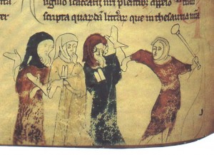 Jews being attacked, as depicted in a 13th century English manuscript.