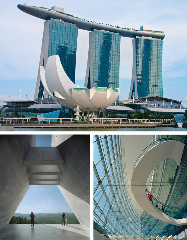 Safdie projects, clockwise from top: The Marina Bay Sands Resort is a 40-acre, mixed-use complex located across the bay from downtown Singapore. The 2011 development features a waterfront promenade, retail, entertainment and civic spaces, a museum, and three 55-story hotel towers topped by a cantilevered “sky garden.” Salt Lake City’s Public Library became a center of civic activity and helped revitalize the city’s downtown. The Yad Vashem Holocaust History Museum in Jerusalem opened in 2005.