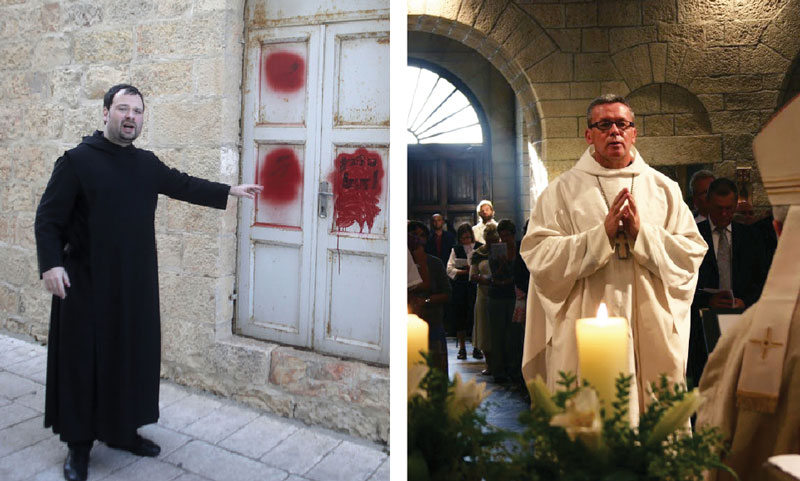 Left: Benedictine Father Nikodemus Schnabel points to graffiti. Right: Benedictine Father Gregory Collins prays in the Dormition Abbey. © AFP; Weihnachtsaktion