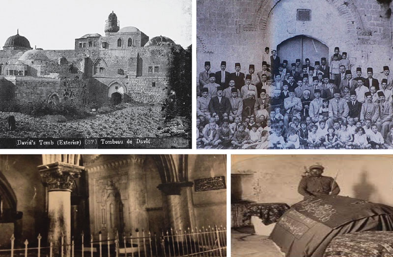 Top left: David’s tomb complex during the Ottoman era. Top right: The Dajani Daoudi family on Mount Zion in 1936. Bottom left: The iron gate that separated Christians and Muslims who prayed in the Cenacle until 1948. Bottom Right: Until 1948, King David’s tomb was covered by a cloth embroidered with verses from the Quran. © wiki commons;getty images; courtesy of the dajani family