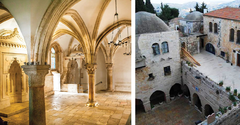 Left: Interior of the Cenacle on the second floor. Right: The interior courtyard with archways leading to King David’s tomb. 
