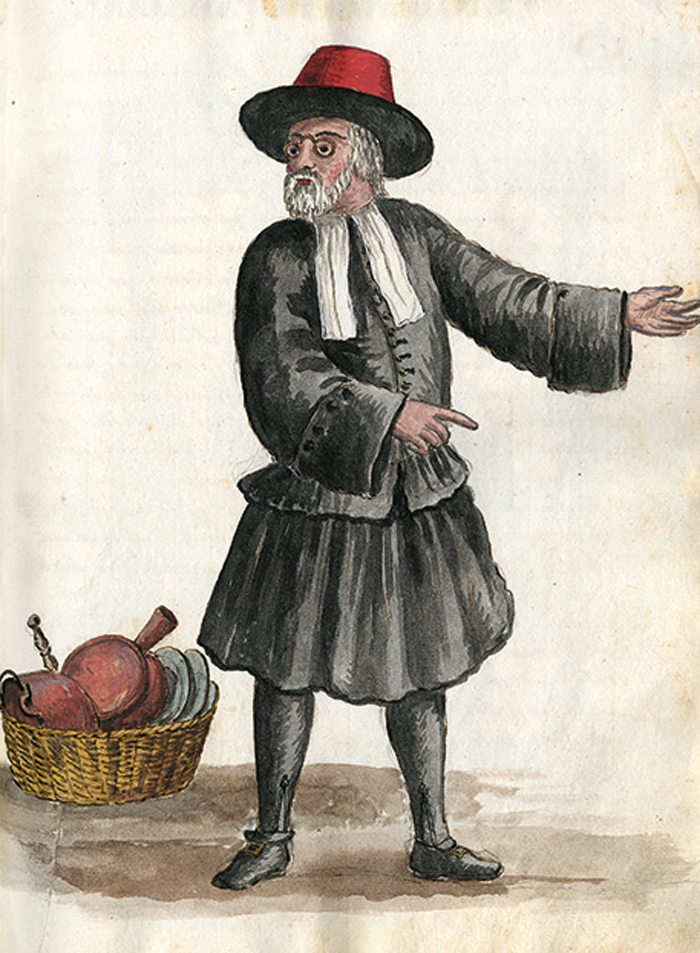 watercolor illustration of an Ebreo (Jew) from an 18th-century book by Giovanni Grevembroch illustrating various inhabitants of Venice and their dress—the basket of kitchenware alludes to his trade in second-hand goods. ©Venice, Biblioteca del Museo Correr, MS Gradenigo-Dolfin